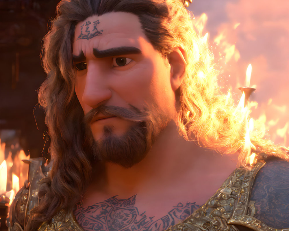 Animated character with marked forehead, long hair, armor, fiery backdrop