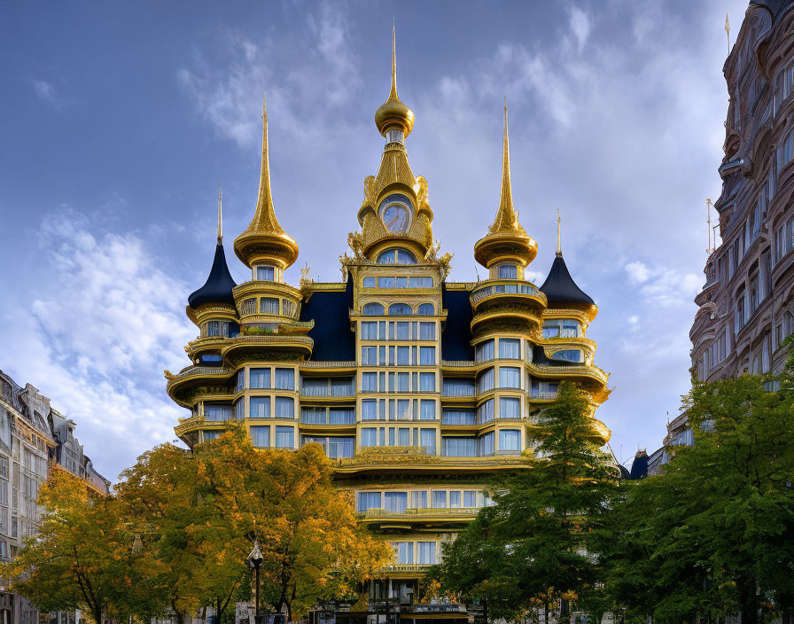 Ornate building with golden spires and black roofs in cloudy sky surrounded by autumn trees and traditional