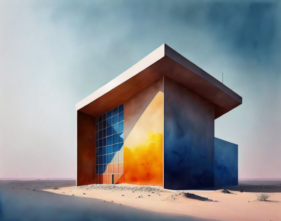 Geometric design modern building with large glass windows in sandy landscape.