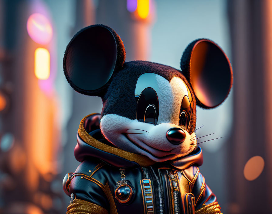 Stylized mouse character in trendy jacket against urban backdrop
