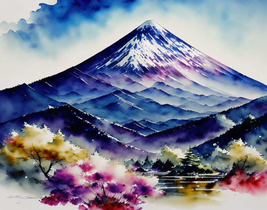 Vibrant watercolor painting of Mount Fuji with floral foreground and hazy mountain ranges