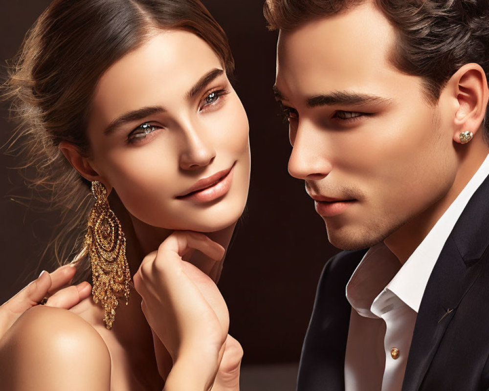 Intimate man and woman portrait with serene smile and intricate earrings