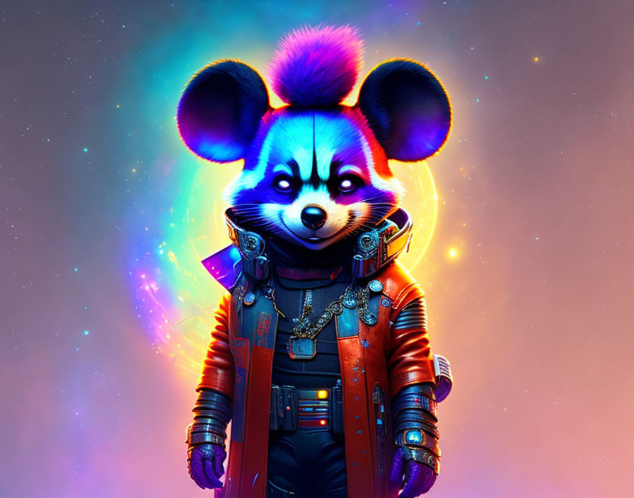 Colorful anthropomorphic raccoon in orange space suit with cosmic background