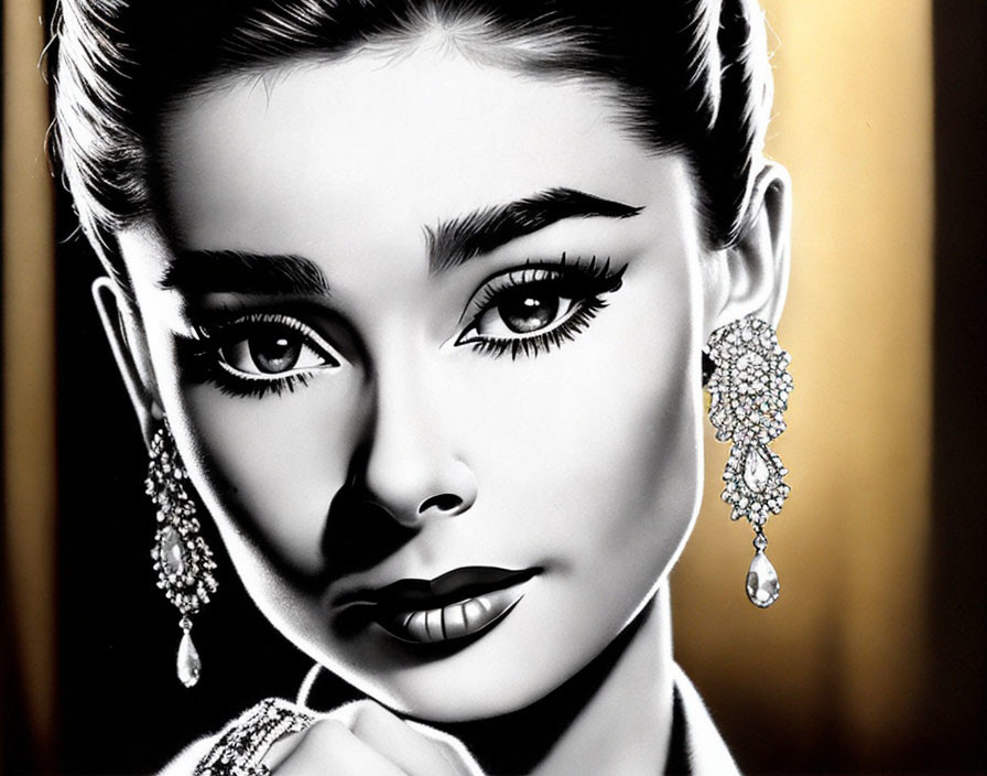 Monochromatic digital artwork of elegant woman with eyelashes and luxurious earrings