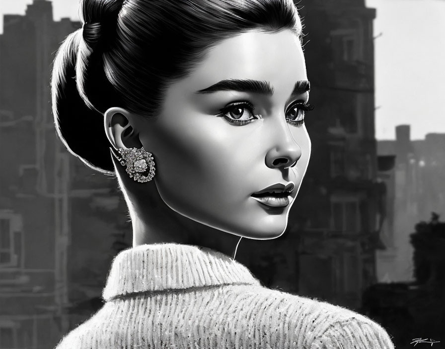 Monochrome illustration of elegant woman with bun hairstyle and decorative earring against cityscape.