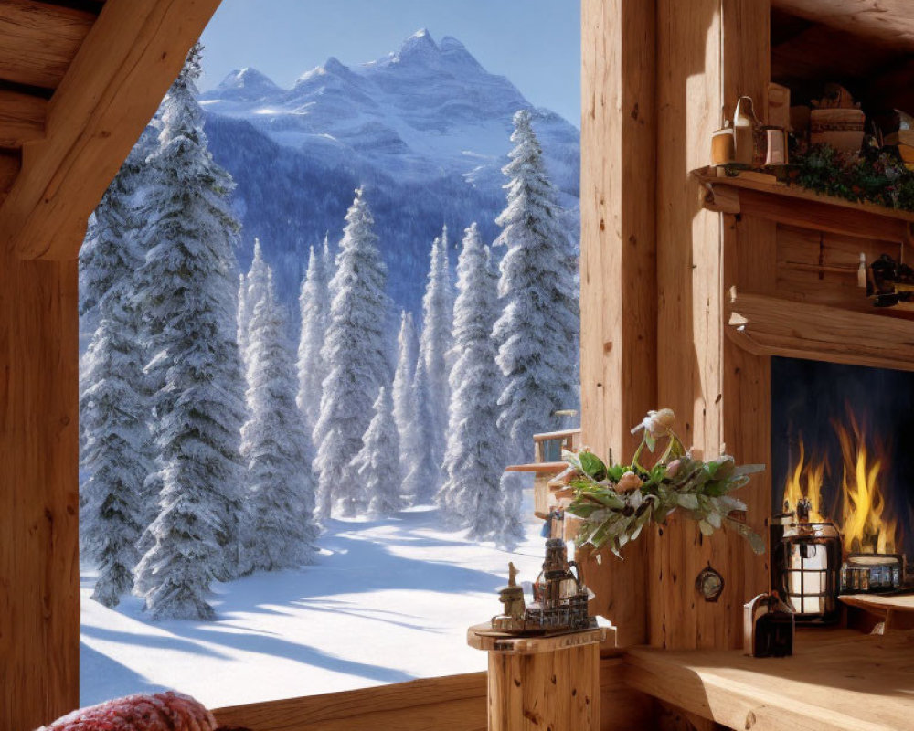 Snowy forest mountain view in cozy cabin interior