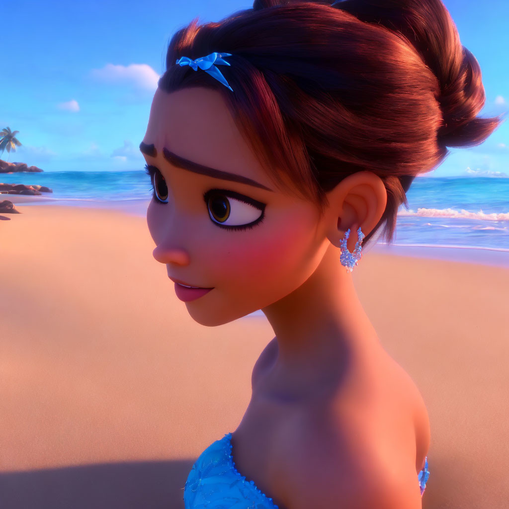 3D animated girl with large eyes and blue bow on beach with palm trees