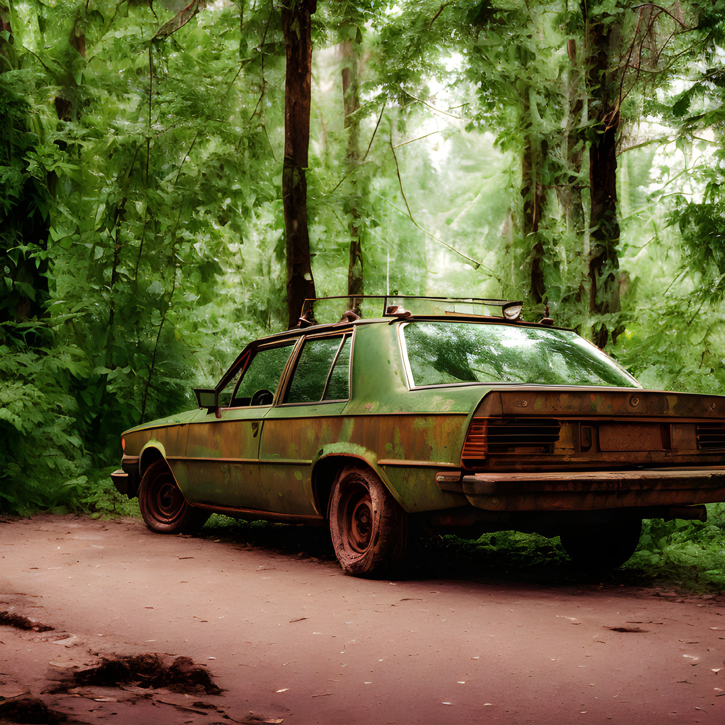 Abandoned green sedan covered in rust and moss in forest setting