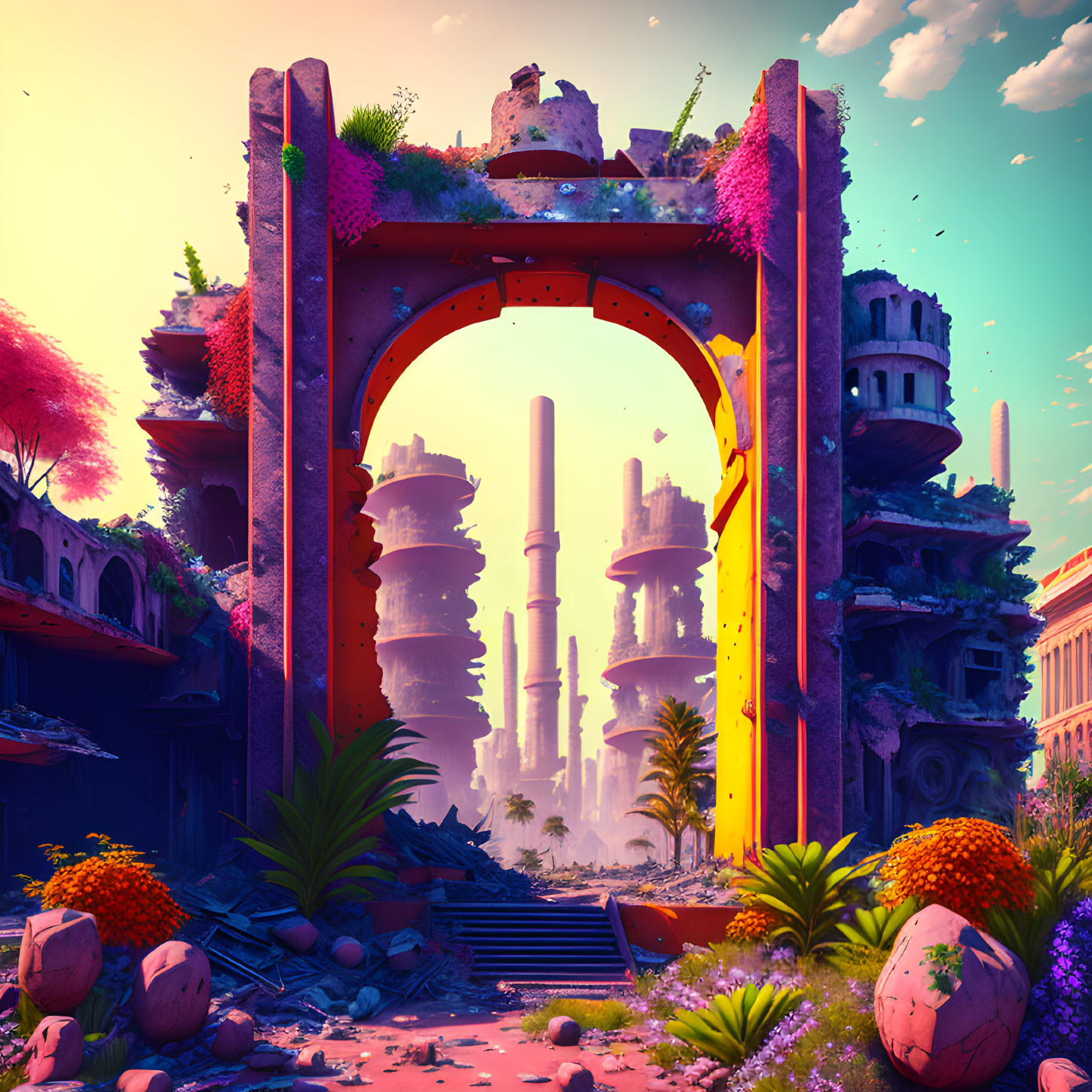 Futuristic ruin with overgrown flora and ancient archways