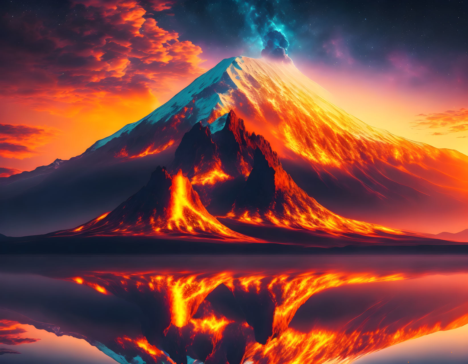 Volcanic eruption with lava streams in serene water under red sky