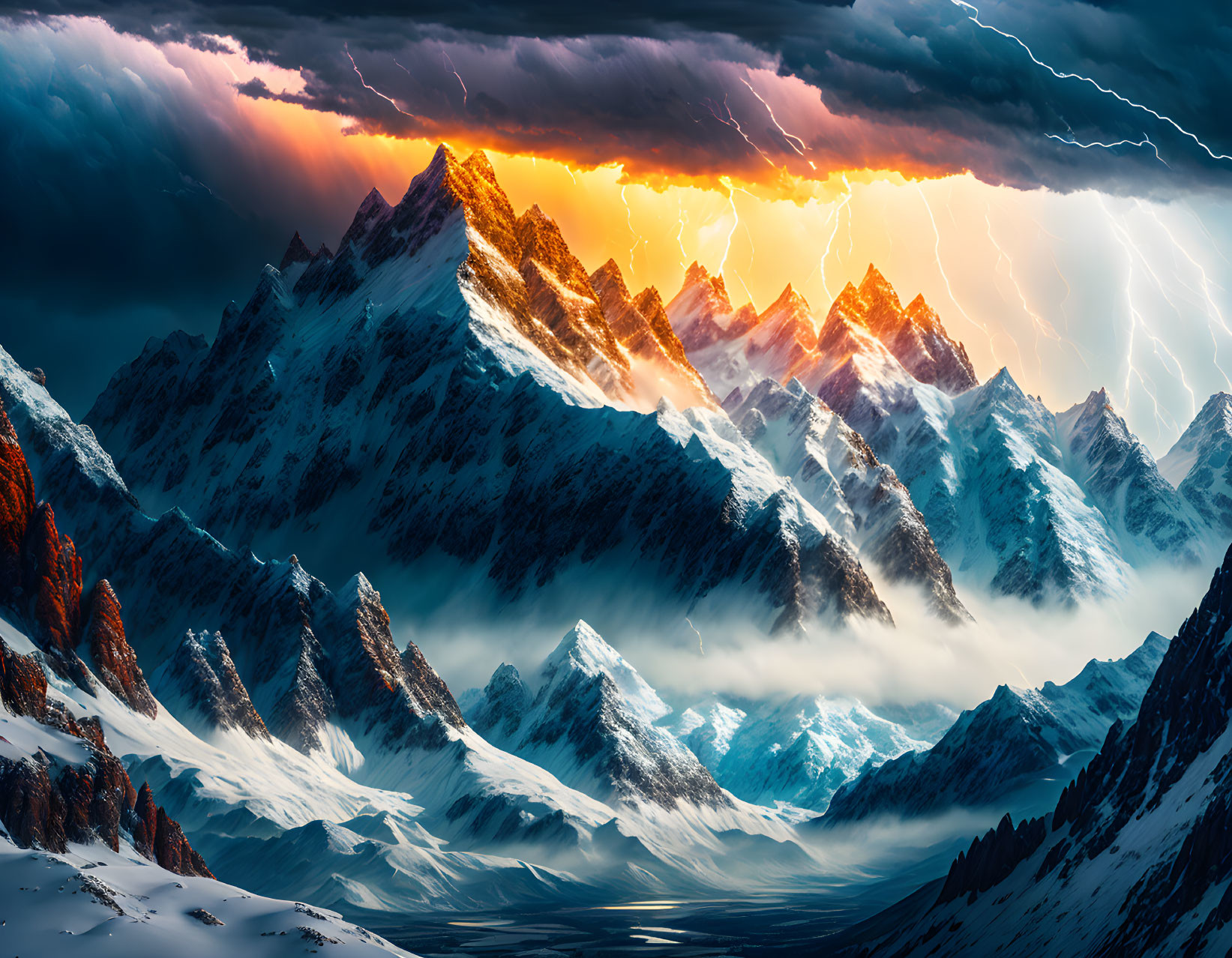 Snow-capped peaks in fiery sunset with lightning and misty valley