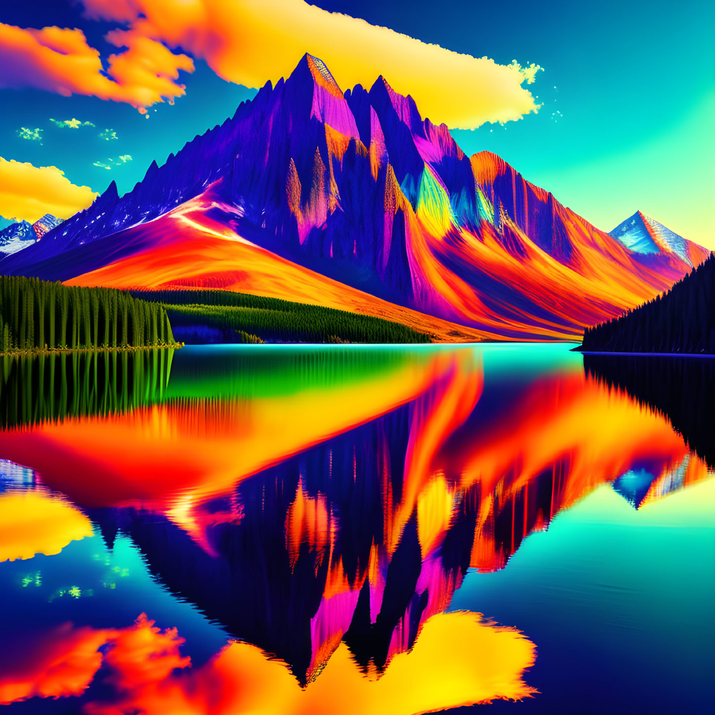 Colorful Psychedelic Landscape with Mirror-Like Lake and Neon-Hued Mountains