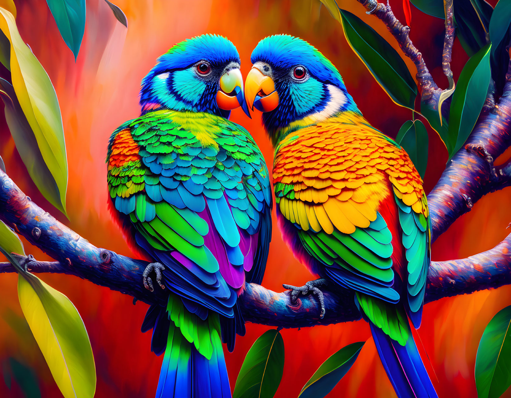 Colorful Parrots Touching Beaks on Branch with Red Foliage