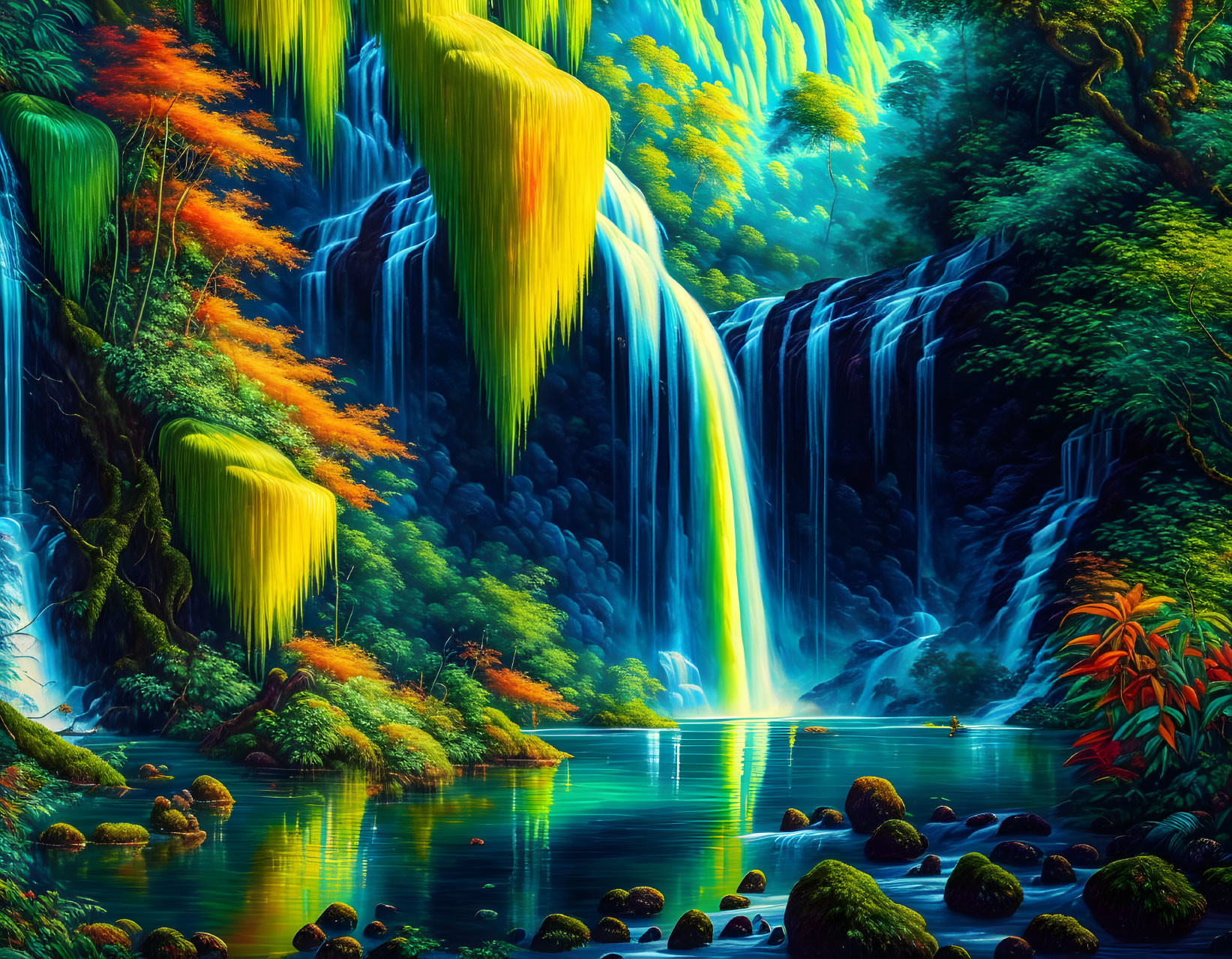 Colorful Digital Artwork of Cascading Waterfalls in Forest