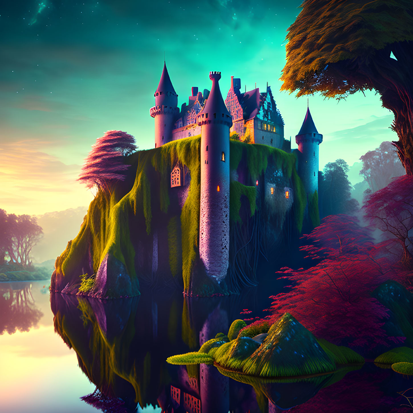 Fantastical castle on cliff reflected in calm waters at twilight