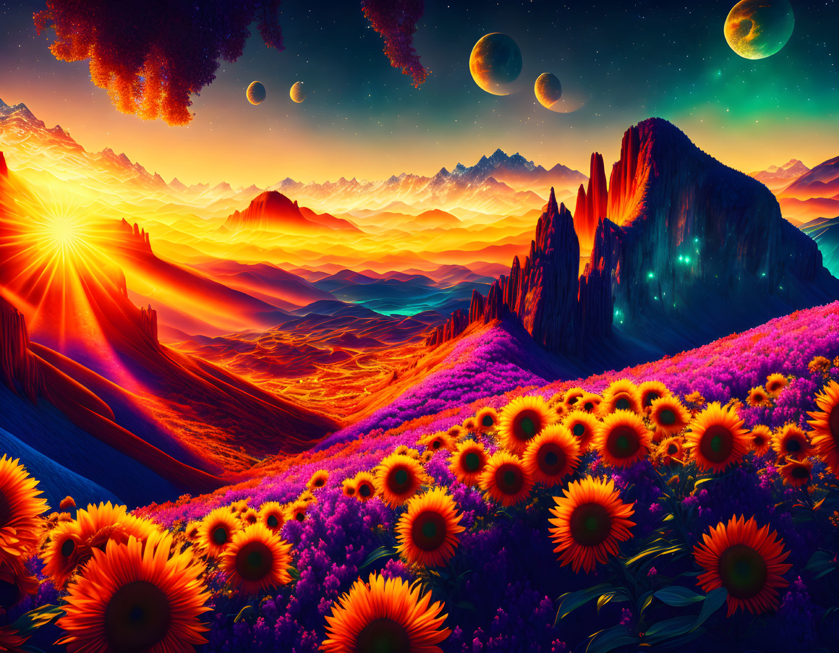Colorful Landscape with Sunflowers, Mountains, Cave, and Planets at Sunset