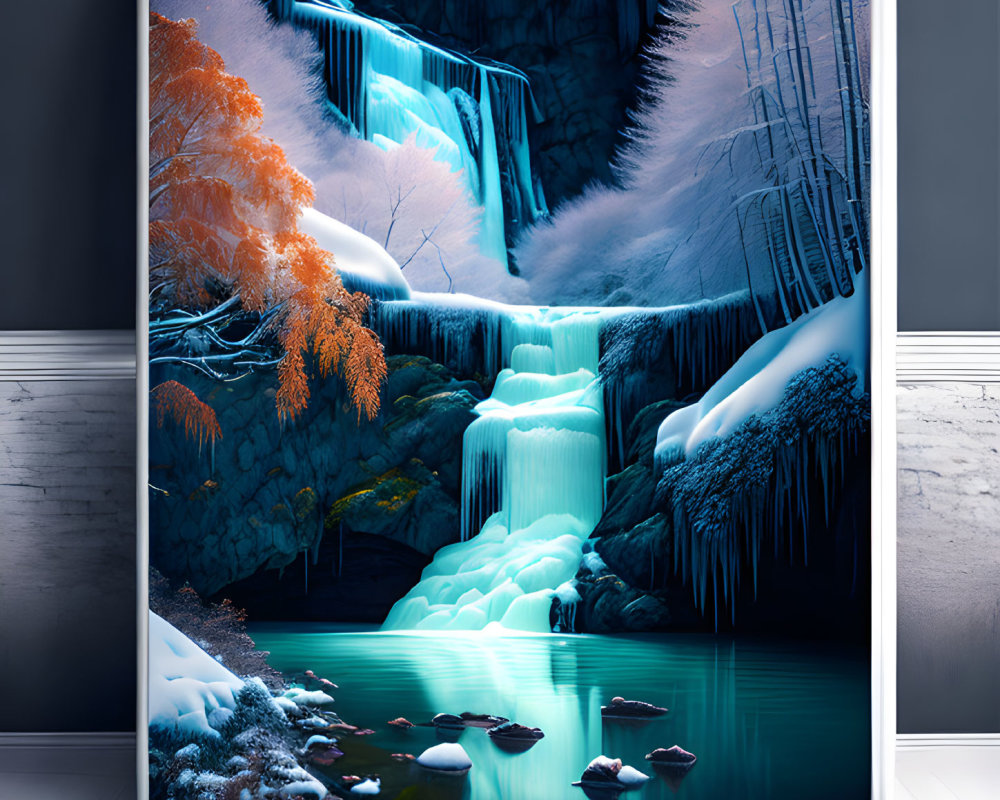 Vibrant winter waterfall scene with icy blues and orange foliage in modern room