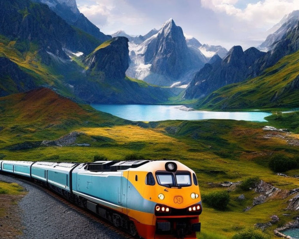Blue and Yellow Train in Mountainous Landscape with Turquoise Lakes
