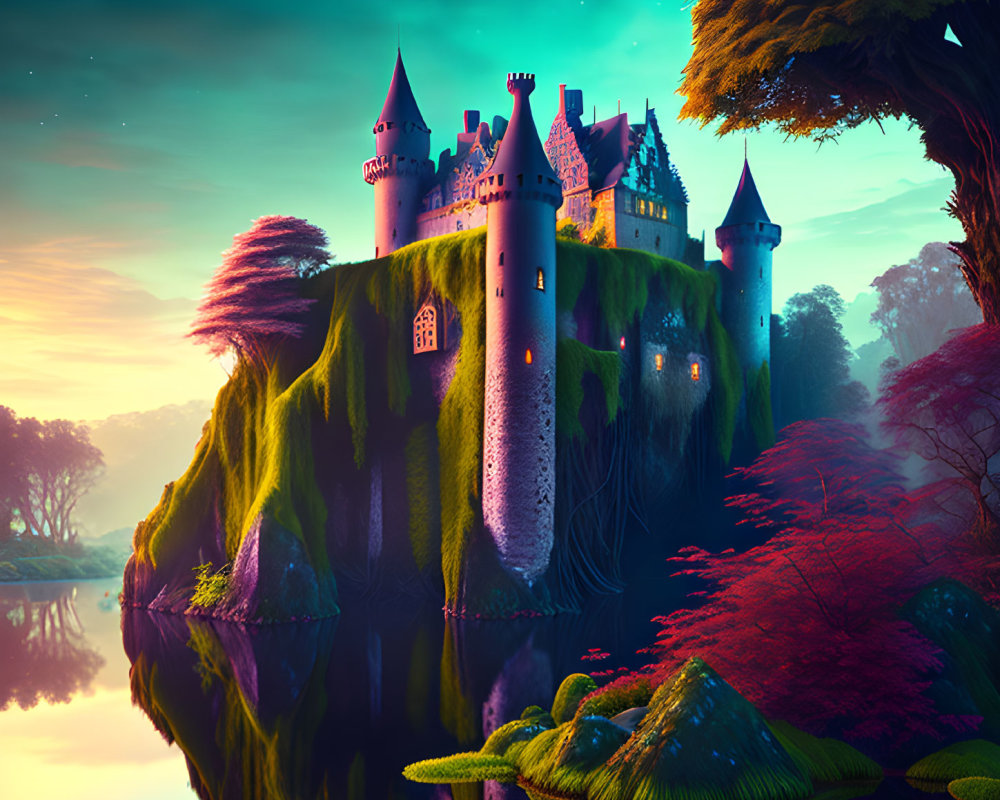 Fantastical castle on cliff reflected in calm waters at twilight