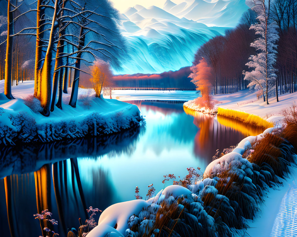 Winter river landscape with snow-covered trees and misty mountains.