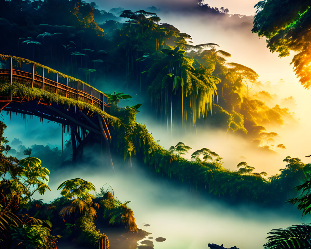 Misty Tropical Forest Sunrise with Wooden Bridge and Lush Greenery