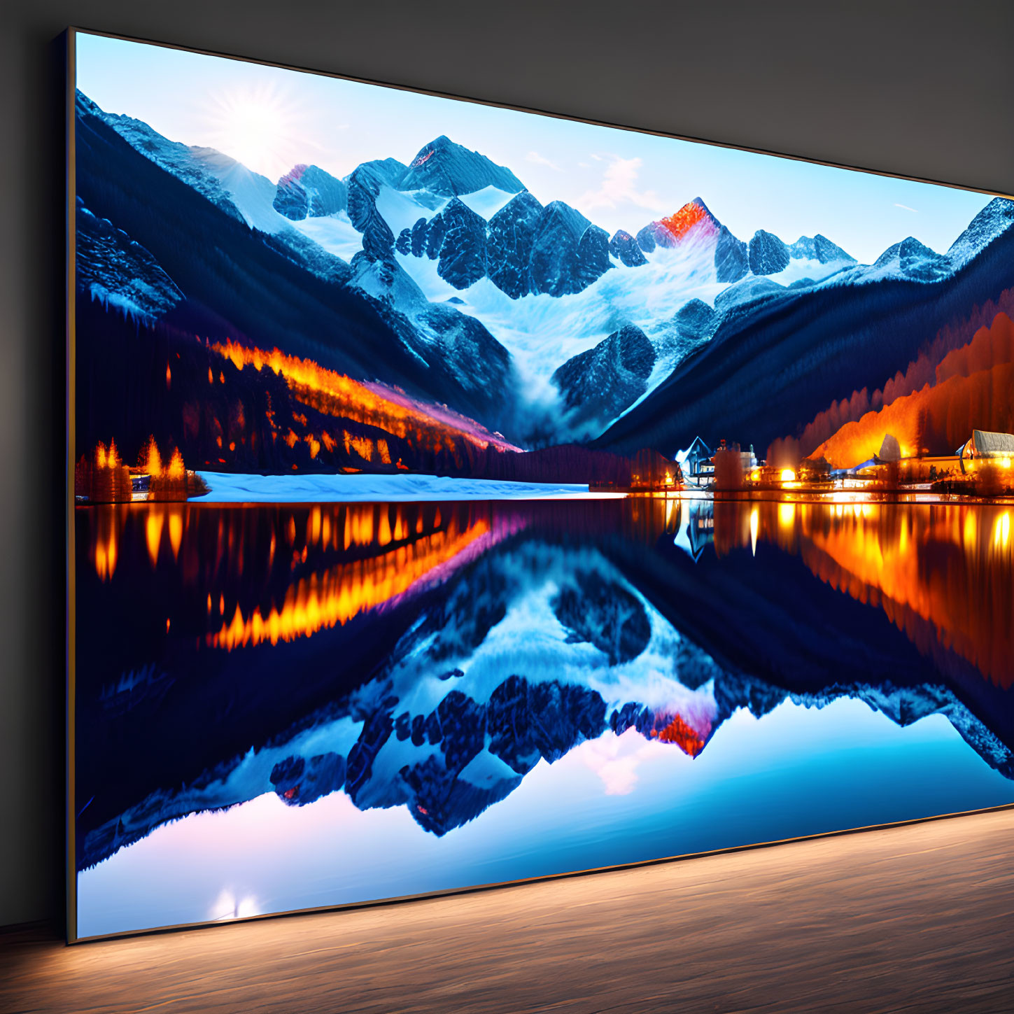 Curved Ultra-Wide Monitor Showing Vibrant Sunset Over Mountainous Landscape
