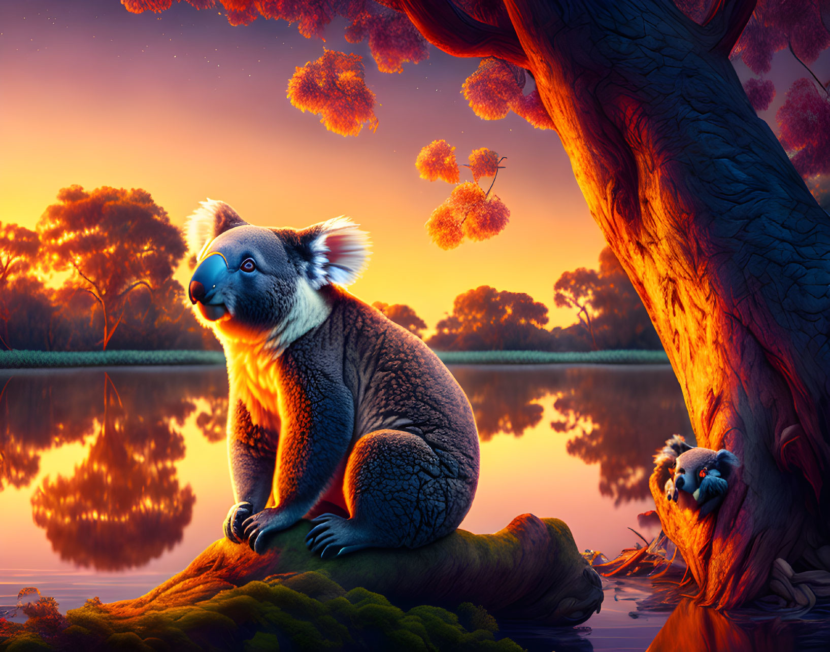 Koalas at sunset by tranquil lake with vibrant sky