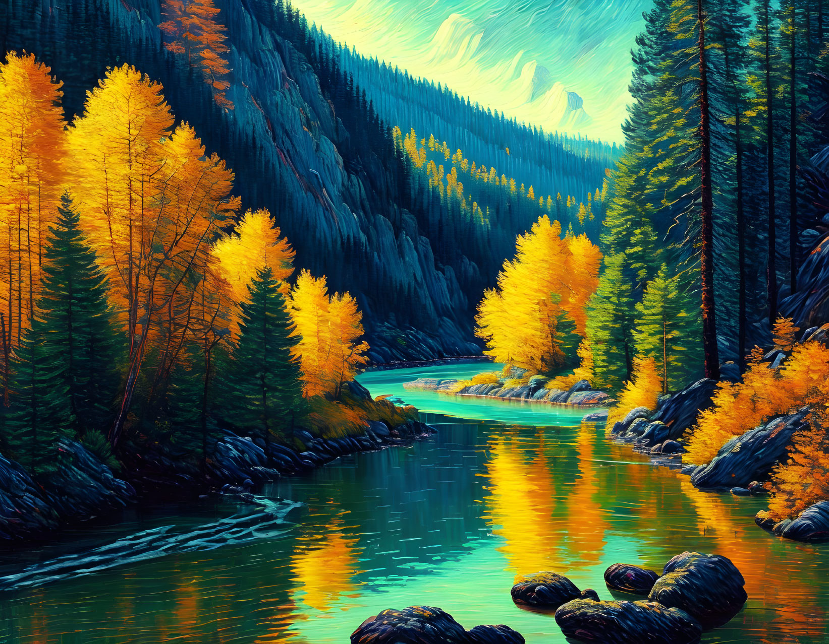 Scenic river winding through forest with golden pine trees