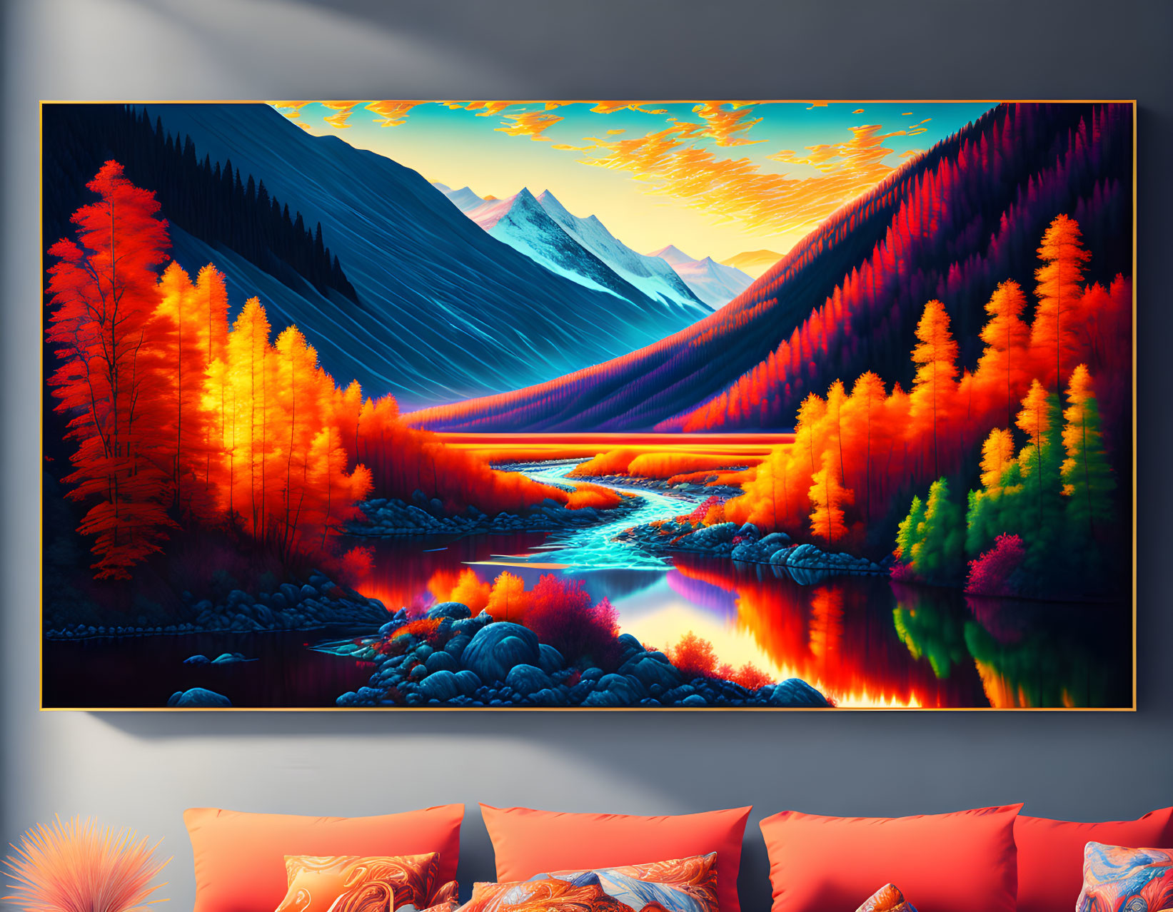 Colorful Autumn Mountain Landscape with River and Snowy Peaks