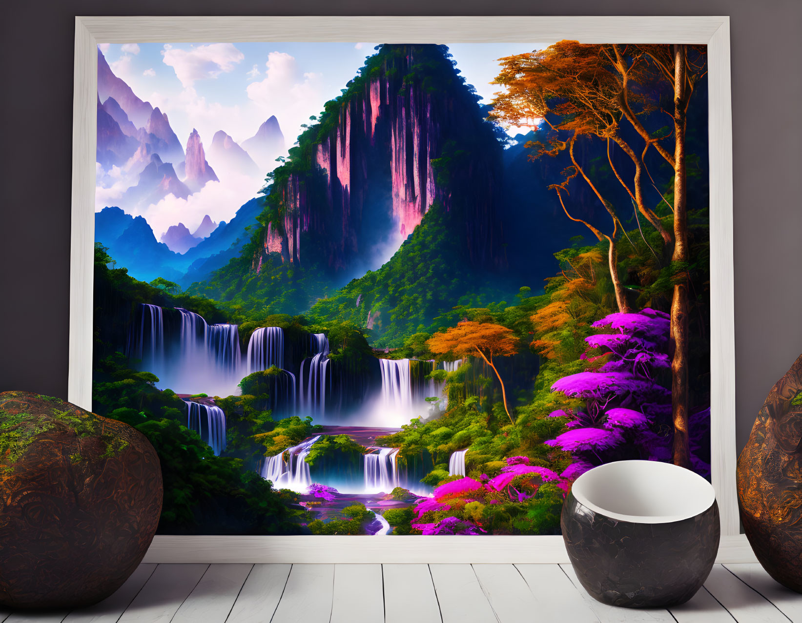 Vibrant room with waterfall wall mural, greenery, and purple flora.