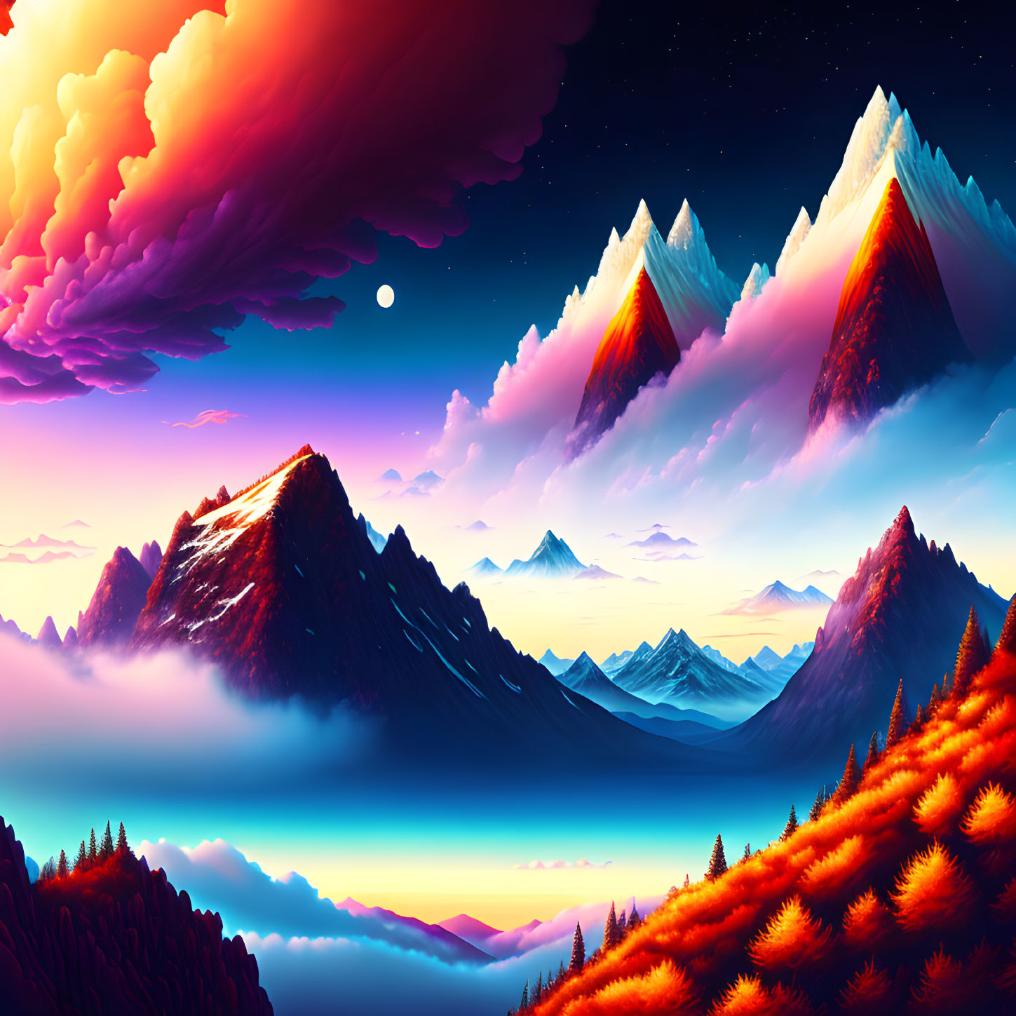 Colorful mountain landscape with misty valleys and full moon