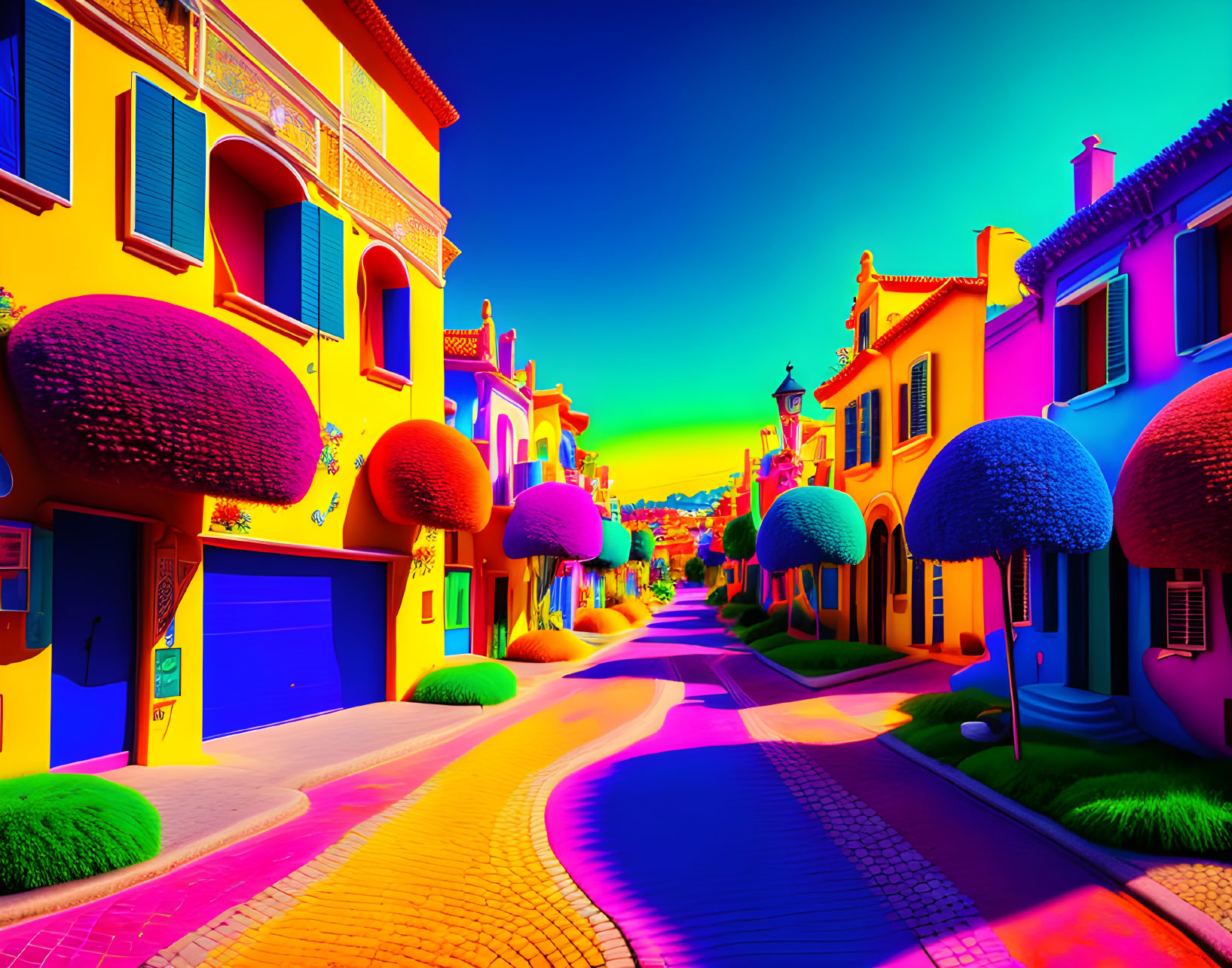 Colorful surreal street scene with neon buildings, trees, and sky