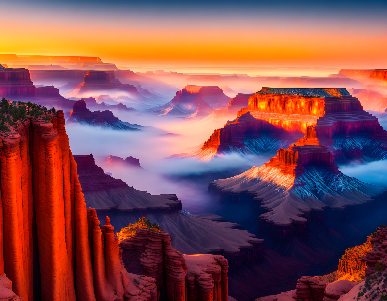 Majestic Grand Canyon sunrise over clouds and cliffs