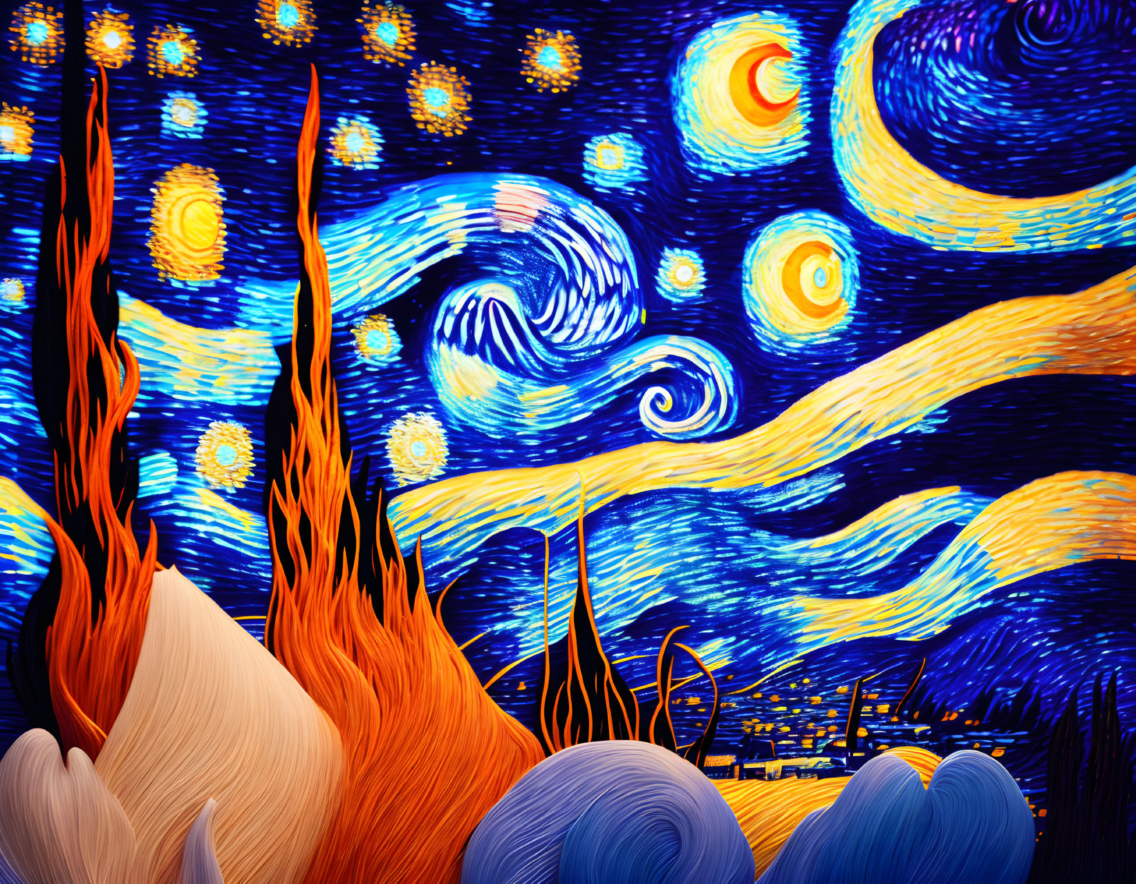 Colorful swirling patterns inspired by Starry Night with whimsical flame-like shapes.