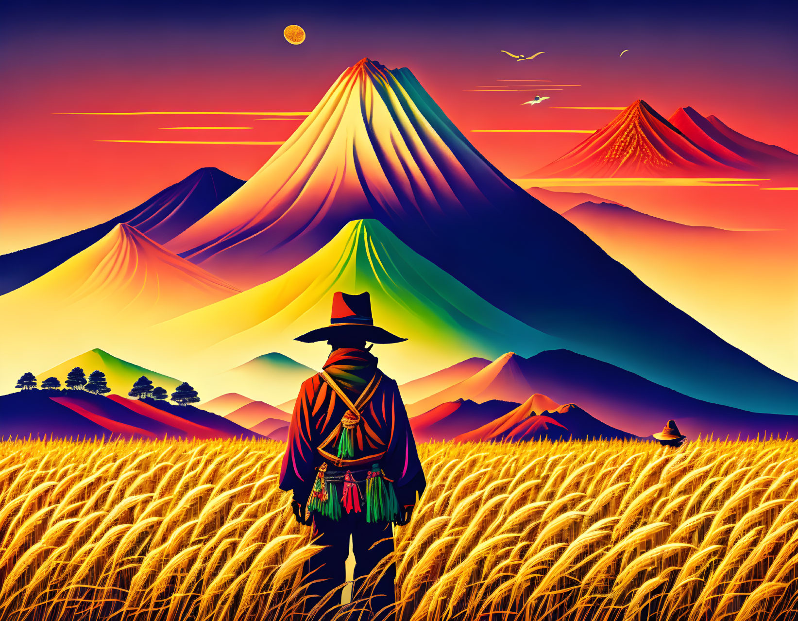 Person in Traditional Attire Amidst Golden Fields and Colorful Mountains