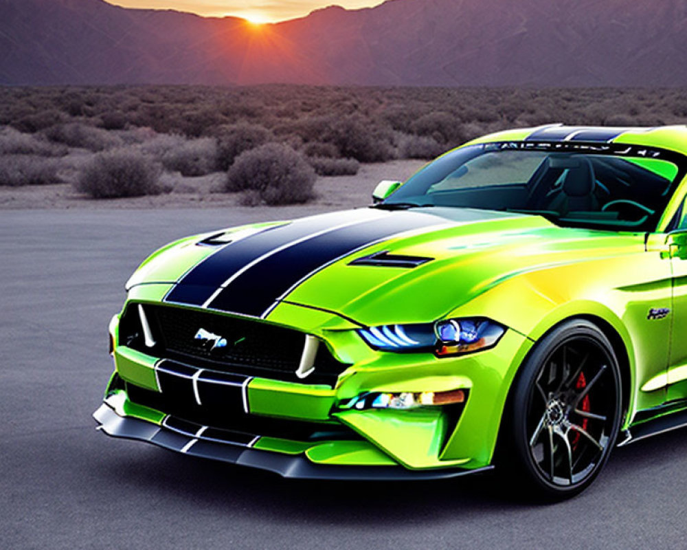 Bright Green Sports Car with Racing Stripes Against Sunset Mountain Desert