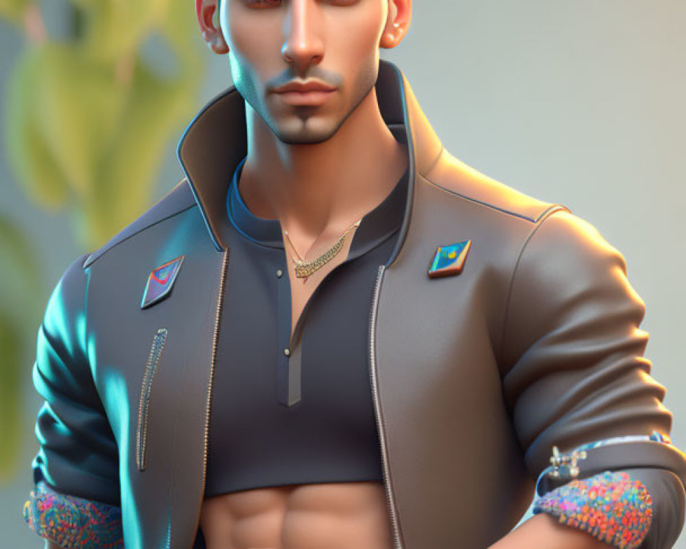 Stylized 3D illustration of confident man with black hair and sporty jacket