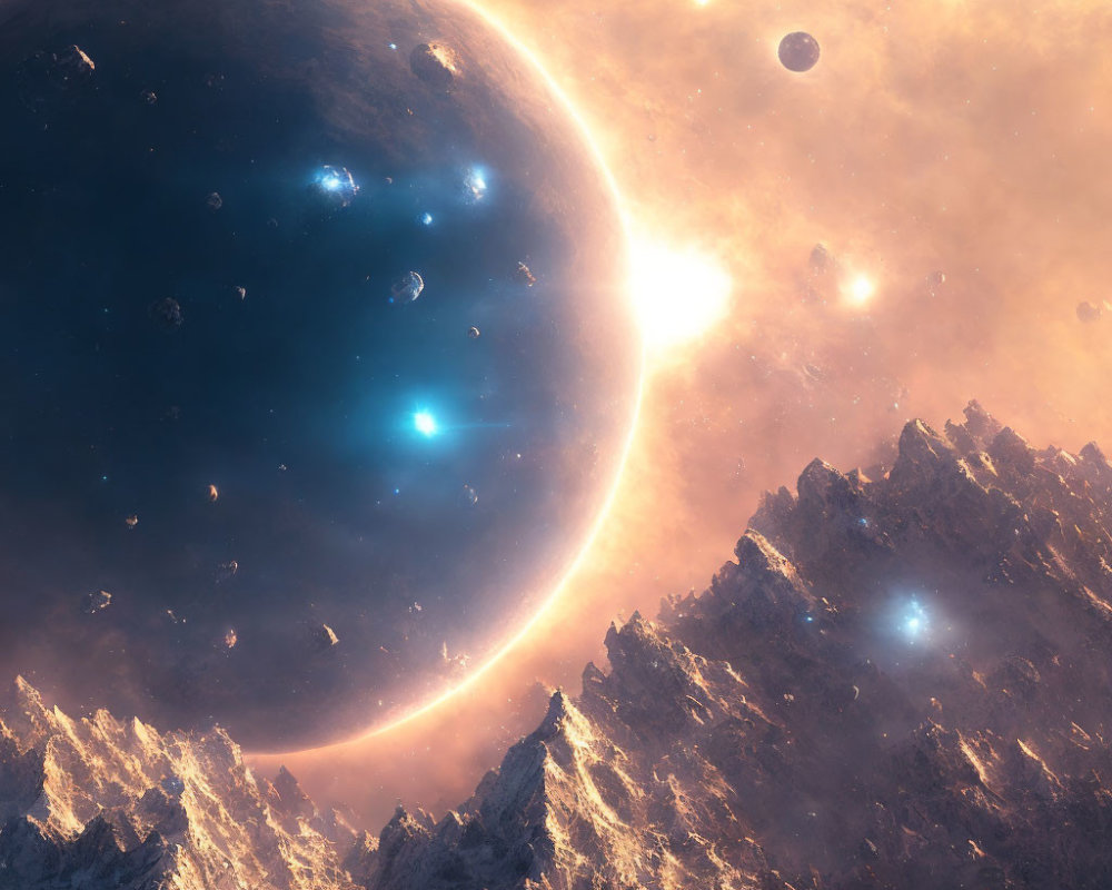 Cosmic scene with rocky foreground, large planet crescent, and celestial bodies in starry backdrop