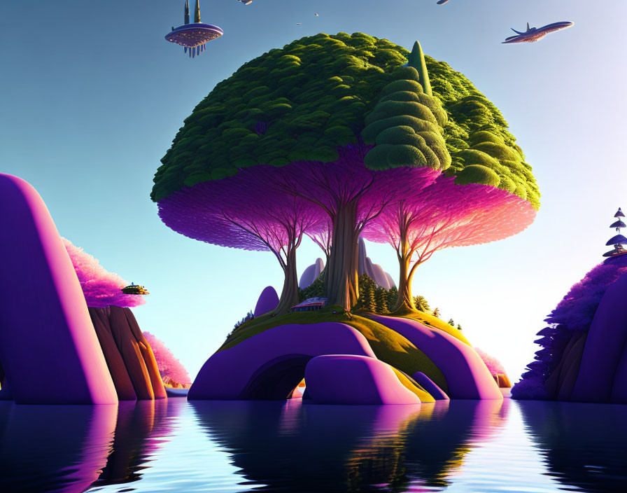 Digital art of massive tree on purple island with futuristic airships