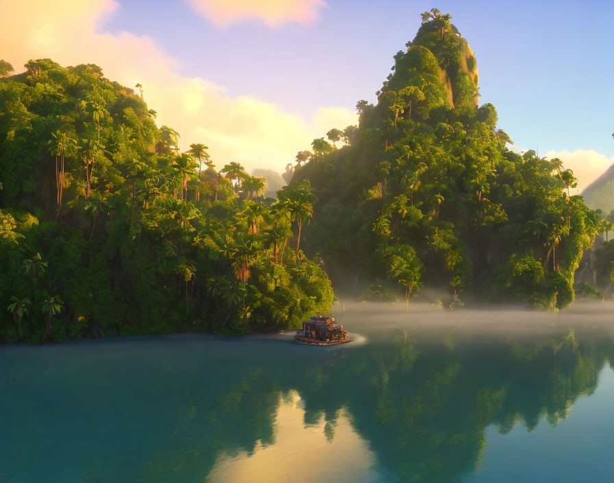 Tranquil Tropical River Sunrise with Boat and Mist