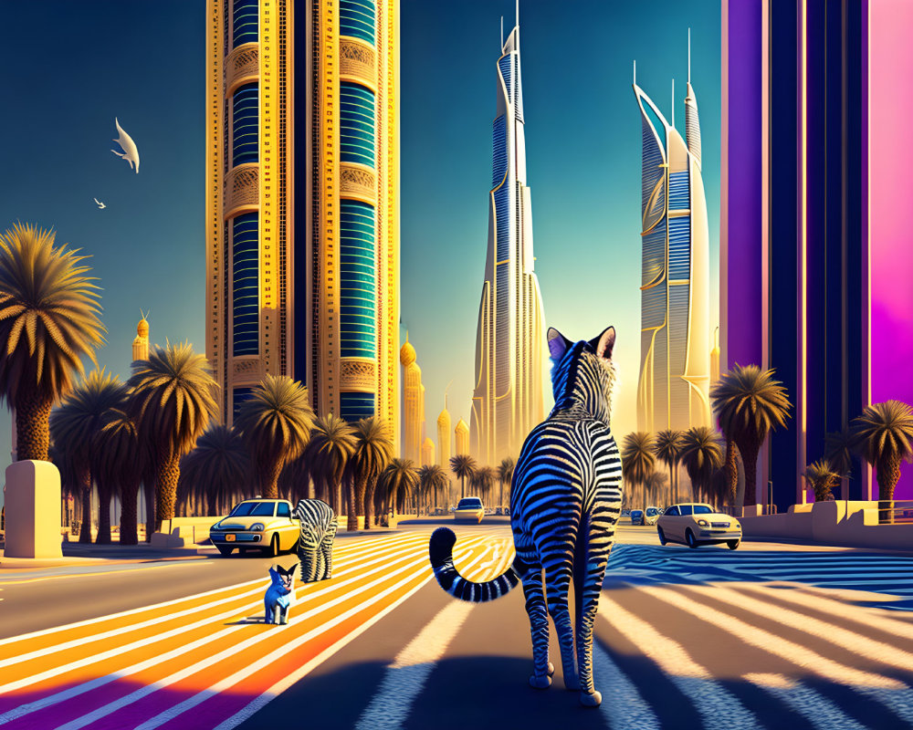 Striped zebras in colorful cityscape with futuristic skyscrapers
