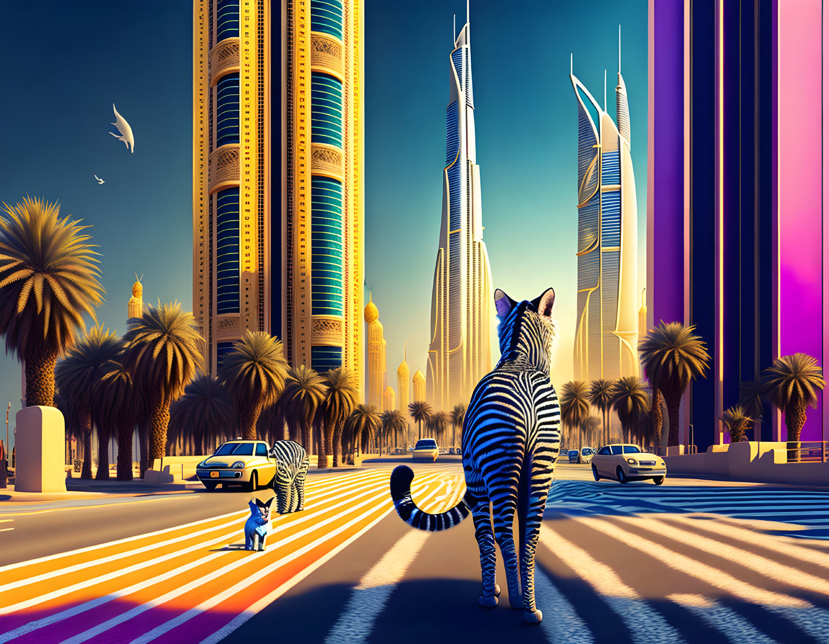 Striped zebras in colorful cityscape with futuristic skyscrapers
