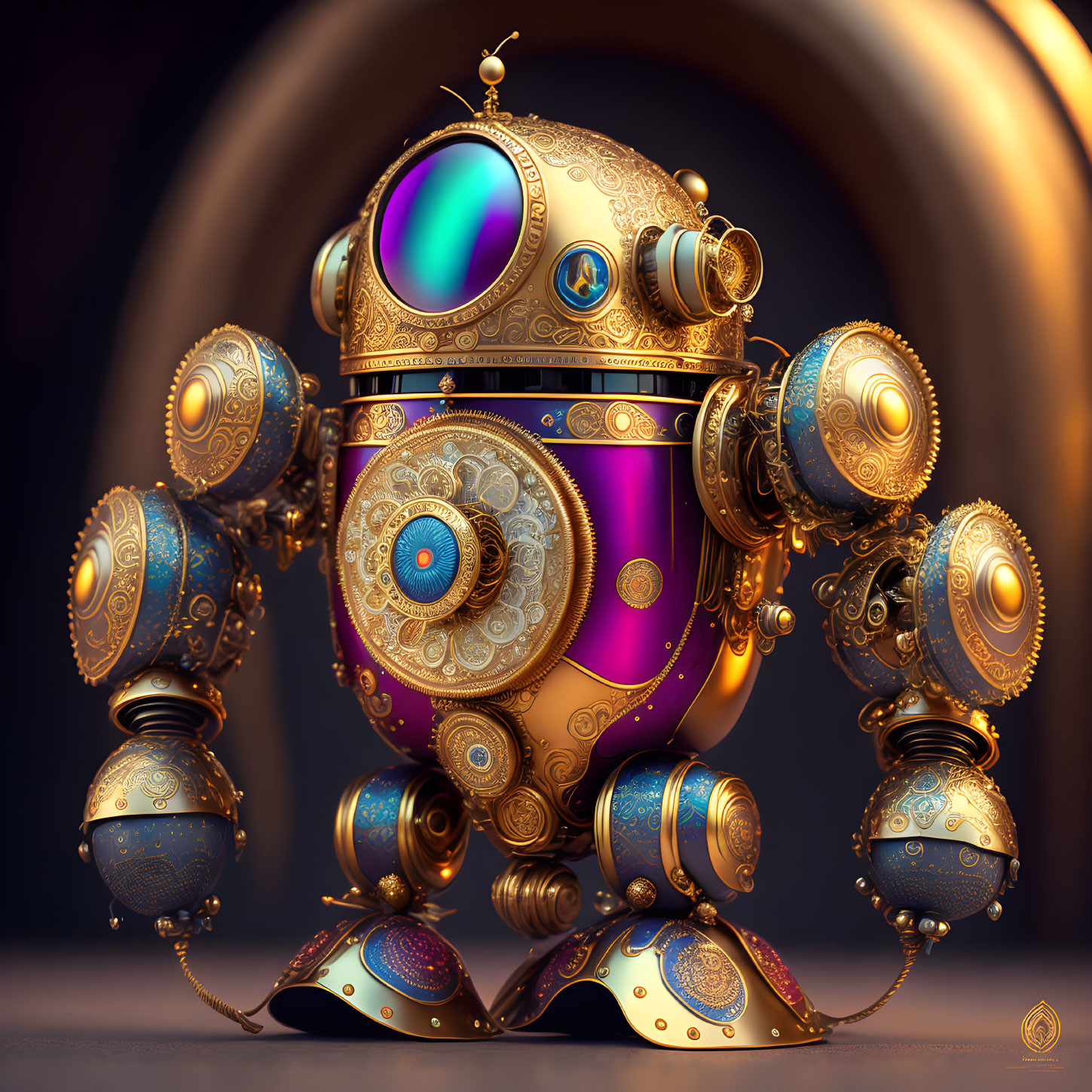 Intricate Steampunk Robot with Gold, Purple, and Blue Designs