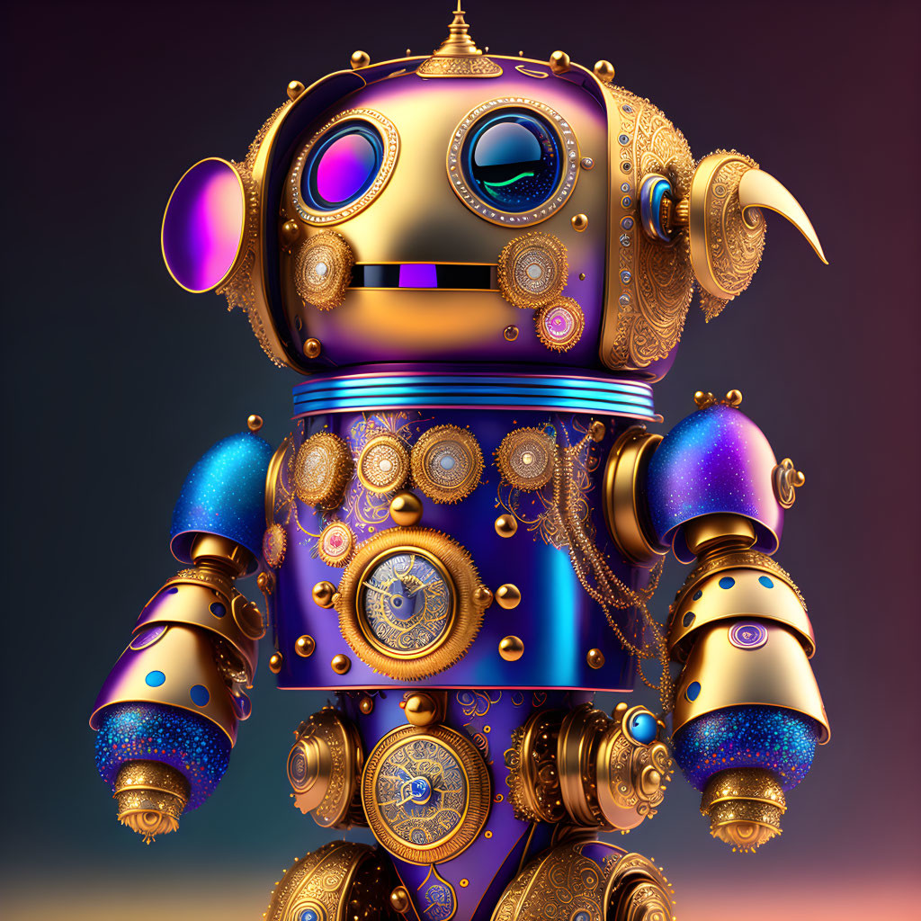 Detailed ornate robot with golden and blue design on gradient background