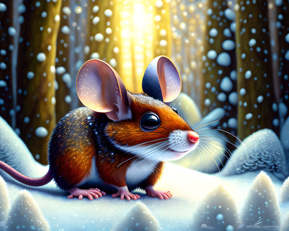 Illustrated mouse in snowy forest with large ears and eyes