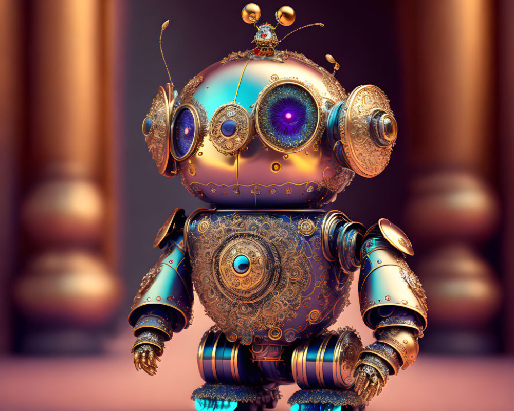 Steampunk-style robot with glowing purple eyes on warm brown backdrop