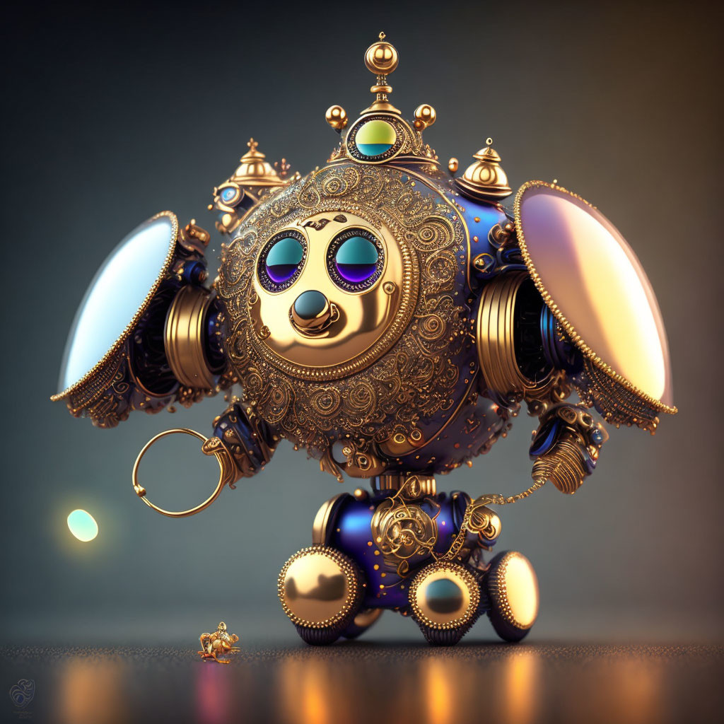 Steampunk robot with ornate design and smiling face on gradient background