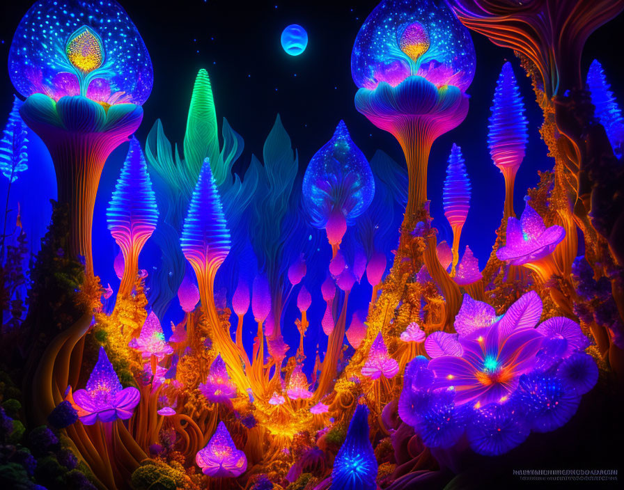Vibrant fantasy underwater scene with luminescent flora and jellyfish