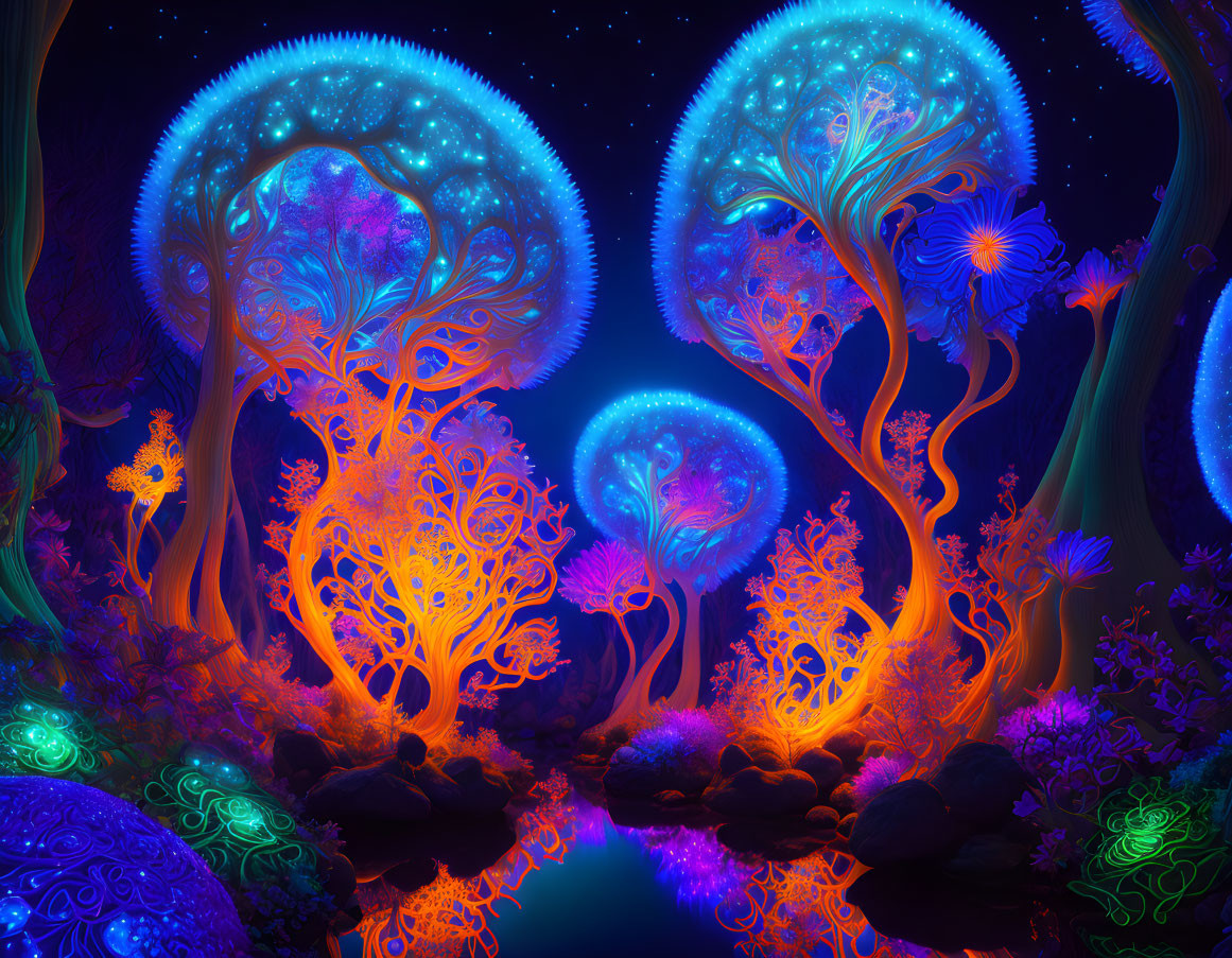 Enchanted forest digital artwork with glowing trees and starry sky