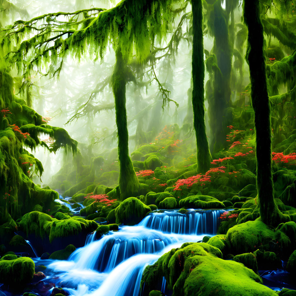 Tranquil forest scene with moss-covered trees, blue stream, red flora.